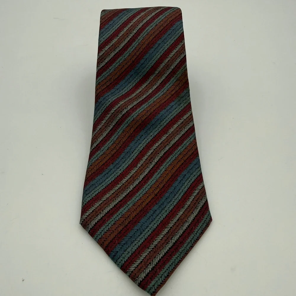 Vtg Oscar de la Renta Mens Necktie Burgundy Blue Rust Striped‎ Textured Tie EUC